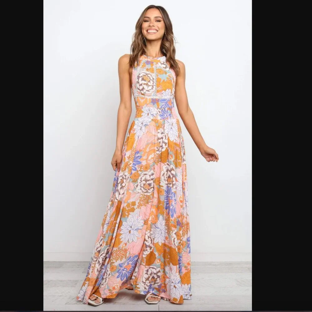 Petal & Pup Newell Orange Colorful Floral Maxi Dress L - Picture 6 of 13